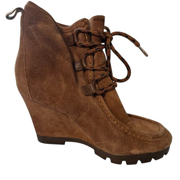 Nine West Chocolate Brown Suede Wedge High Heel Booties 8 Medium Boho Casual - Picture 1 of 8